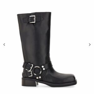 Michael Kors Crosby Black Leather Moto Boots Harness Buckle, Square Toe NIB